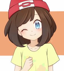 Rule 34 | 1girl, beanie, blue eyes, blush, brown hair, clenched hand, closed mouth, collarbone, creatures (company), female focus, flat chest, floral print, game freak, hand up, happy, hat, kouzuki (reshika213), looking at viewer, nintendo, one eye closed, orange background, poke ball theme, pokemon, pokemon sm, red hat, selene (pokemon), shirt, short hair, short sleeves, simple background, smile, solo, swept bangs, two-tone background, watermark, wink, yellow shirt