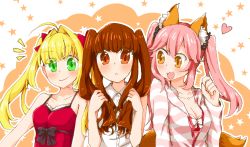 Rule 34 | 3girls, :&lt;, :3, ahoge, alternate hairstyle, animal ears, blonde hair, bow, breasts, brown eyes, brown hair, cleavage, collared shirt, fang, fate/extra, fate (series), fox ears, fox tail, green eyes, hair bow, heart, highres, kishinami hakuno (female), multiple girls, nero claudius (fate), nero claudius (fate) (all), nero claudius (fate/extra), official alternate costume, pink hair, shirt, star (symbol), tail, tamamo (fate), tamamo no mae (fate/extra), tamamo no mae (spring casual) (fate), tomo (tomotomo59), twintails, twintails day, yellow eyes