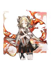 Rule 34 | 1girl, absurdres, arknights, black skirt, blonde hair, capelet, chinese commentary, choker, closed mouth, cowboy shot, crossed arms, demon horns, demon tail, expressionless, fire, highres, horns, ifrit (arknights), looking at viewer, medium hair, miniskirt, orange eyes, parted bangs, pipidan, scar, scar on face, simple background, skirt, solo, striped clothes, striped skirt, tail, thigh strap, traditional media, twintails, vertical-striped clothes, vertical-striped skirt, white background, white capelet