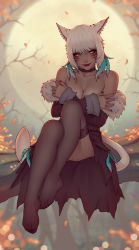 Rule 34 | 1girl, animal ears, bare shoulders, black thighhighs, blind, blurry, blurry background, blush, branch, breasts, cat ears, cat tail, choker, cleavage, commentary, covering breasts, covering privates, dark-skinned female, dark skin, english commentary, facial mark, final fantasy, final fantasy xiv, fingernails, full moon, fur trim, grey eyes, lips, looking at viewer, medium breasts, miqo&#039;te, moon, nail polish, neck tattoo, no shoes, off shoulder, see-through, short hair, sitting, solo, soranamae, tail, tattoo, thighhighs, whisker markings, white hair, y&#039;shtola rhul
