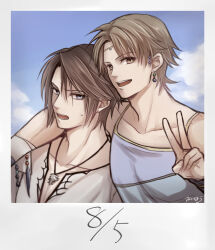 Rule 34 | 2boys, annoyed, bartz klauser, beads, blue camisole, blue eyes, blue sky, brown eyes, brown hair, camisole, circlet, cloud, cloudy sky, commentary, dangle earrings, earrings, final fantasy, final fantasy v, final fantasy viii, furrowed brow, hair beads, hair ornament, hiryuu (kana h), jewelry, multiple boys, necklace, open mouth, outdoors, photo (object), ring, roman numeral, shirt, signature, sky, smile, spaghetti strap, squall leonhart, stud earrings, sweatdrop, upper body, v, v-neck, white shirt