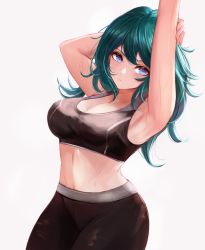 Rule 34 | 1girl, armpits, arms up, bare shoulders, black bra, blue eyes, bra, breasts, byleth (female) (fire emblem), byleth (fire emblem), cleavage, closed mouth, collarbone, cowboy shot, fire emblem, fire emblem: three houses, fire emblem heroes, green hair, large breasts, leonmandala, long hair, midriff, nintendo, purple eyes, simple background, sports bra, stretching, sweat, swept bangs, underwear