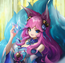 Rule 34 | 1girl, absurdres, ahri (league of legends), animal ear fluff, animal ears, bare shoulders, bell, blue eyes, breasts, cleavage, facial mark, fingernails, fox ears, fox girl, fox tail, hair bell, hair ornament, heart, highres, huge filesize, juffles, kitsune, large breasts, league of legends, lipstick, long fingernails, long hair, long sleeves, looking at viewer, makeup, multiple tails, nail polish, parted lips, pink hair, pink nails, purple lips, purple lips, slit pupils, smile, solo, spirit blossom ahri, tail, upper body, whisker markings, wide sleeves