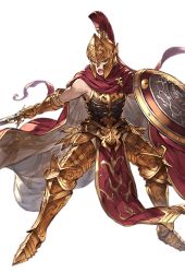 Rule 34 | 10s, 1boy, alpha transparency, armor, cape, full body, gran (granblue fantasy), granblue fantasy, helmet, holding, holding sword, holding weapon, male focus, minaba hideo, official art, pelvic curtain, red cape, shield, sleeveless, solo, spartan (granblue fantasy), sword, transparent background, weapon