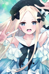 Rule 34 | 1girl, abigail williams (animejapan 2018) (fate), abigail williams (fate), bare shoulders, beret, black bow, black hat, blonde hair, blue dress, blue eyes, blush, bow, breasts, collarbone, double v, dress, fate/grand order, fate (series), forehead, frills, hair bow, harii (janib5kc), hat, highres, long hair, looking at viewer, official alternate costume, open mouth, parted bangs, small breasts, smile, solo, v
