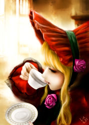 Rule 34 | 1girl, artist name, blonde hair, bonnet, close-up, cup, dated, dress, drinking, eyelashes, closed eyes, flower, highres, holding, holding cup, indoors, jinrouyifan, lace, lace-trimmed dress, lace trim, looking away, profile, red dress, red flower, red rose, rose, rozen maiden, saucer, shinku, drinking, solo, teacup