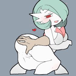 Rule 34 | 1girl, ass, bare shoulders, blush, bob cut, breasts, clothes lift, colored skin, creatures (company), cropped legs, disembodied hand, dress, dress lift, elbow gloves, female focus, game freak, gardevoir, gen 3 pokemon, gloves, green hair, grey background, hair over one eye, half-closed eyes, happy, heart, highres, jaggy lines, looking down, lying, medium breasts, mega gardevoir, mega pokemon, nintendo, no panties, on side, one eye covered, open mouth, pokemon, pokemon (creature), pussy, pussy juice, red eyes, short hair, simple background, smile, solo focus, strapless, strapless dress, thighs, uncensored, white dress, white gloves, white skin, yamada (pixiv 24040206)