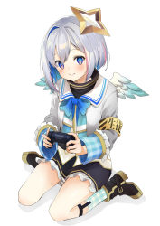 Rule 34 | 1girl, amane kanata, angel, asymmetrical hair, blazer, blue eyes, blush, bow, closed mouth, colored inner hair, controller, frills, from above, game controller, garter belt, garter straps, grey hair, hair between eyes, hair intakes, halo, high heels, highres, hololive, jacket, long sleeves, looking at viewer, maitopartan, medium hair, multicolored hair, plaid, plaid socks, playing games, sailor collar, simple background, sitting, skirt, smile, socks, solo, tareme, turtleneck, virtual youtuber, white background, wings