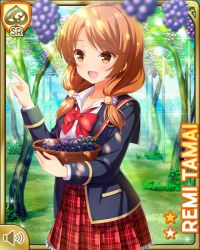 Rule 34 | 1girl, :d, blazer, blue jacket, bow, bowl, bowtie, brown eyes, brown hair, card (medium), day, food, fruit, girlfriend (kari), grapes, holding, jacket, looking at viewer, low twintails, official art, open clothes, open jacket, open mouth, outdoors, plaid, plaid skirt, pleated skirt, pointing, qp:flapper, red bow, red skirt, school uniform, shirt, skirt, smile, socks, solo, standing, table, tagme, tamai remi, twintails, white shirt