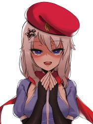 Rule 34 | 1girl, 9a-91 (girls&#039; frontline), beret, blue eyes, girls&#039; frontline, hat, looking at viewer, own hands together, red beret, solo, surps, white background, white hair