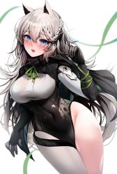 Rule 34 | 1girl, animal ears, blue eyes, blush, braid, breasts, girls&#039; frontline, highres, ksvk (girls&#039; frontline), long hair, medium breasts, mod3 (girls&#039; frontline), open mouth, silver hair, skindentation, tight clothes, very long hair, wide hips, zerocat