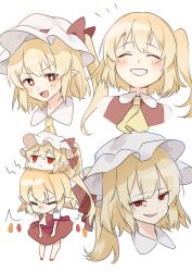 Rule 34 | + +, 1girl, :d, ascot, blonde hair, blush, chibi, closed eyes, cropped shoulders, crystal, expressions, fang, flandre scarlet, full body, grin, happy, hat, highres, mob cap, multiple views, no headwear, one side up, open mouth, pointy ears, red skirt, red vest, short hair with long locks, simple background, skirt, skirt set, smile, standing, suikario, touhou, v-shaped eyebrows, vest, white background, wings, yellow ascot