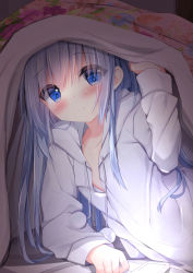 Rule 34 | 1girl, bed sheet, blue eyes, blue hair, blush, breasts, cellphone, closed mouth, collarbone, commentary request, gochuumon wa usagi desu ka?, head tilt, highres, hood, hood down, hooded jacket, indoors, jacket, kafuu chino, kouda suzu, long hair, long sleeves, looking at viewer, phone, pom pom (clothes), screen light, small breasts, smile, solo, under covers, very long hair, white jacket