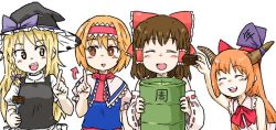Rule 34 | 4girls, alice margatroid, arrow (symbol), blonde hair, bow, braid, brown eyes, brown hair, bseibutsu, capelet, commentary request, cookie (touhou), detached sleeves, drum (container), closed eyes, fork, frilled bow, frills, hair bow, hair tubes, hairband, hakurei reimu, hat, hat bow, hinase (cookie), horn ornament, horn ribbon, horns, ibuki suika, index finger raised, japanese clothes, kirisame marisa, long hair, miko, multiple girls, open mouth, orange hair, puffy short sleeves, puffy sleeves, reu (cookie), ribbon, ribbon-trimmed sleeves, ribbon trim, short sleeves, single braid, smile, touhou, translation request, uzuki (cookie), witch hat, yamin (cookie), yellow eyes