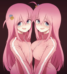 Rule 34 | 2girls, ahoge, alternate breast size, blue eyes, bocchi the rock!, breasts, commentary request, cube hair ornament, dual persona, flat chest, gotoh hitori, hair between eyes, hair ornament, jacket, kikai (akita morgue), large breasts, long hair, multiple girls, pink hair, simple background, sweatdrop, track jacket