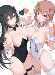 Rule 34 | 2girls, aoi (monochrome bunny), asymmetrical docking, banned artist, bare shoulders, black bow, black bowtie, black hair, black horns, black legwear, blush, bow, bowtie, breast contest, breast press, breasts, bridal garter, brown hair, cleavage, closed mouth, cowboy shot, demon tail, detached collar, fingernails, green eyes, grey neckwear, grey ribbon, hair between eyes, hands up, highres, horns, icomochi, large breasts, leotard, long hair, looking at viewer, monochrome bunny, multiple girls, natsume (monochrome bunny), open mouth, original, playboy bunny, purple eyes, red horns, short hair, smile, sweatdrop, tail, thigh strap, thighhighs, white background
