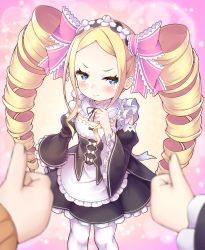 Rule 34 | 1boy, 2girls, absurdres, alternate costume, apron, beatrice (re:zero), black ribbon, blonde hair, blue eyes, blurry, blurry foreground, blush, bow, breasts, butterfly-shaped pupils, closed mouth, commentary request, depth of field, dress, drill hair, frilled dress, frills, hair ribbon, hand up, highres, juliet sleeves, long hair, long sleeves, looking at viewer, maid, multiple girls, natsuki subaru, neck ribbon, pantyhose, pink background, puffy sleeves, re:zero kara hajimeru isekai seikatsu, rem (re:zero), ribbon, roswaal mansion maid uniform, s (hdru2332), small breasts, solo focus, sparkle, symbol-shaped pupils, twin drills, white bow, white legwear