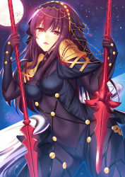 Rule 34 | 1girl, bodysuit, breasts, fate/grand order, fate (series), full moon, gae bolg (fate), long hair, looking at viewer, majin (kiidoumajin), medium breasts, moon, polearm, purple bodysuit, purple hair, red eyes, scathach (fate), scathach (fate), solo, spear, weapon