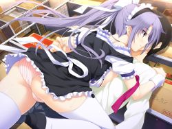 Rule 34 | 1boy, 1girl, against wall, bra, breasts, breasts out, dutch angle, frills, game cg, hand on shoulder, iizuki tasuku, large breasts, leg up, light purple hair, long hair, lovely x cation 2, maid, maid headdress, narukawa hime, non-web source, official art, panties, pantyshot, pink bra, pink panties, ponytail, skirt, smile, striped bra, striped clothes, striped panties, sweat, thighhighs, underwear, upskirt, vertical-striped bra, vertical-striped clothes, vertical-striped panties, white thighhighs, wrist cuffs