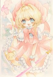 Rule 34 | 1990s (style), 1girl, absurdres, blonde hair, blue eyes, cardcaptor sakura, cherry blossoms, dress, frilled dress, frilled gloves, frills, fuuin no tsue, gloves, hat, highres, kero (cardcaptor sakura), kinomoto sakura, looking at viewer, niko (2ars), open mouth, painting (medium), pink hat, puffy short sleeves, puffy sleeves, retro artstyle, ribbon, short sleeves, solo, traditional media, watercolor (medium)