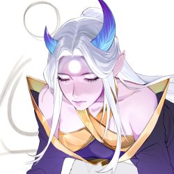 Rule 34 | 1girl, asymmetrical horns, bare shoulders, breasts, character request, chyaejin, closed eyes, closed mouth, collarbone, colored skin, facial mark, facing down, forehead mark, grey background, highres, horns, league of legends, long hair, medium breasts, mismatched horns, pink skin, simple background, solo, upper body, white hair