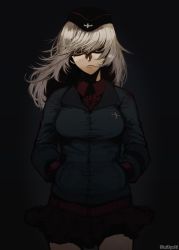 Rule 34 | 10s, 1girl, black background, breasts, closed mouth, collared shirt, cowboy shot, dark, dress shirt, frown, garrison cap, girls und panzer, glaring, hair over eyes, hands in pockets, hat, itsumi erika, jacket, kuromorimine military uniform, long hair, looking at viewer, medium breasts, mityubi, pants, red shirt, shaded face, shirt, silver hair, simple background, skirt, solo, standing, twitter username, winter uniform