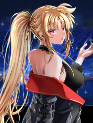 Rule 34 | 1girl, blonde hair, blurry, blurry background, breasts, earphones, fate testarossa, floating hair, from side, highres, large breasts, long hair, long sleeves, looking at viewer, looking to the side, lyrical nanoha, mahou shoujo lyrical nanoha, mahou shoujo lyrical nanoha strikers, night, open mouth, outdoors, ponytail, red eyes, sideboob, solo, sougetsu izuki, upper body, very long hair