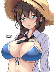Rule 34 | 1girl, alternate breast size, bikini, black necktie, blue bikini, blue eyes, braid, breasts, brown hair, collared shirt, dated, front-tie bikini top, front-tie top, hair between eyes, hair over shoulder, hat, highres, kantai collection, large breasts, long hair, looking at viewer, montemasa, necktie, official alternate costume, open clothes, open mouth, open shirt, shigure (kancolle), shigure kai ni (kancolle), shirt, short necktie, single braid, smile, solo, straw hat, swimsuit, twitter username, upper body, white background, white shirt