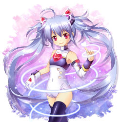 Rule 34 | 1girl, black thighhighs, blue hair, gloves, heart, index finger raised, light purple hair, long hair, mauve, original, red eyes, smile, solo, thighhighs, twintails, very long hair