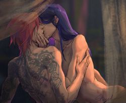 Rule 34 | 2girls, arcane: league of legends, back tattoo, blurry, blurry background, caitlyn (league of legends), collarbone, commentary, completely nude, curtains, facing another, from side, highres, kiss, league of legends, long hair, multiple girls, navel, nude, purple hair, red hair, shadowyahaha, short hair, signature, tattoo, vi (league of legends), yuri