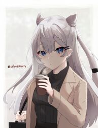 Rule 34 | 1girl, absurdres, bag, blue eyes, blush, braid, braided bangs, breasts, casual, coffee, cone hair bun, cup, disposable cup, grey background, grey hair, hair bun, highres, hololive, hololive indonesia, long hair, long sleeves, looking at viewer, medium breasts, parted lips, shoulder bag, slowinfinity, solo, twitter username, two-tone background, upper body, vestia zeta, virtual youtuber, white background
