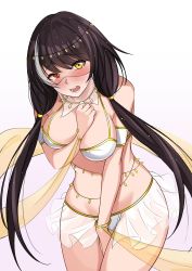 Rule 34 | arabian clothes, armlet, black hair, bra, bracelet, covering privates, covering breasts, covering crotch, cowboy shot, dancer, girls&#039; frontline, hakugin006, harem outfit, heterochromia, highres, jewelry, loincloth, low twintails, midriff, mouth veil, multicolored hair, red eyes, ro635 (girls&#039; frontline), see-through, simple background, streaked hair, tearing up, twintails, underwear, veil, white hair, yellow eyes