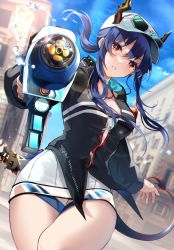 Rule 34 | 1girl, absurdres, aiming, aiming at viewer, arknights, aviator sunglasses, baseball cap, bird, black jacket, blue hair, blue sky, breasts, building, ch&#039;en (arknights), ch&#039;en the holungday (arknights), cleavage, dragon horns, dragon tail, eyewear on headwear, floating hair, gun, hat, highres, holding, holding gun, holding water gun, holding weapon, horns, horns through headwear, jacket, medium breasts, official alternate costume, parted lips, ponytail, red eyes, sidelocks, sky, solo, sunglasses, tail, thigh strap, thighs, water drop, water gun, weapon, yamaha tsui
