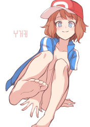 Rule 34 | 1girl, absurdres, ash ketchum, ash ketchum (cosplay), bad id, bad pixiv id, barefoot, blouse, blue eyes, blue shirt, boogerkim, borrowed clothes, breasts, brown hair, cleavage, cosplay, creatures (company), eyebrows, feet, foot focus, game freak, hat, highres, jacket, nintendo, nude, open clothes, open shirt, pokemon, pokemon (anime), pokemon xy (anime), red hat, serena (pokemon), shirt, short hair, simple background, sitting, smile, soles, solo, toes, white background