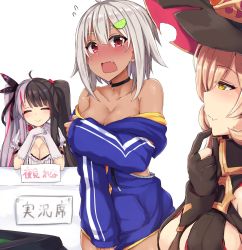 Rule 34 | 3girls, ahoge, arm between breasts, black choker, black gloves, black hair, blonde hair, blush, breasts, choker, cleavage, cleavage cutout, closed eyes, closed mouth, clothing cutout, collarbone, commentary, dark-skinned female, dark skin, earrings, facing another, fang, fang out, flying sweatdrops, food, food-themed hair ornament, fruit, gloves, hair between eyes, hair bobbles, hair ornament, hair ribbon, hat, hayama marin, highres, jewelry, large breasts, lime (fruit), lime slice, long hair, looking at another, medium breasts, mole, mole under eye, multicolored hair, multiple girls, nijisanji, nui sociere, nui sociere (1st costume), ocha (ochappie), off shoulder, open mouth, partially fingerless gloves, red eyes, red hair, ribbon, silver hair, simple background, sketch, skin fang, sleeves past wrists, split-color hair, streaked hair, stud earrings, thick eyebrows, twintails, two-tone hair, undressing, very long hair, virtual youtuber, white background, white gloves, witch hat, yellow eyes, yorumi rena, yorumi rena (1st costume)