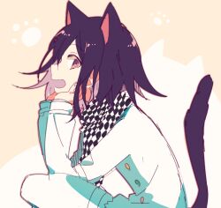 Rule 34 | 1boy, 4 (nakajima4423), animal ears, arm belt, belt, black scarf, buttons, cat ears, cat tail, checkered clothes, checkered scarf, colored inner hair, commentary request, danganronpa (series), danganronpa v3: killing harmony, extra ears, feet out of frame, fingernails, from side, hair between eyes, hands on own cheeks, hands on own face, jacket, kemonomimi mode, layered sleeves, long sleeves, looking at viewer, male focus, multicolored buttons, multicolored hair, multiple belts, oma kokichi, open mouth, pants, paw print, purple eyes, purple hair, scarf, simple background, sitting, smile, solo, tail, thigh belt, thigh strap, torn clothes, torn jacket, two-tone background, two-tone scarf, white background, white belt, white jacket, white pants, white scarf, yellow background