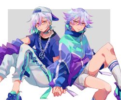 Rule 34 | 2boys, backwards hat, baseball cap, blue eyes, blue hair, blue jacket, blue shirt, brothers, chain necklace, closed mouth, collar, commentary, ear piercing, grey background, hat, highres, holding hands, jacket, jewelry, long sleeves, looking at viewer, male focus, mogutofuoes, multicolored hair, multiple boys, necklace, pants, paradox live, piercing, purple footwear, purple hair, purple headwear, purple jacket, shirt, short hair, short sleeves, shorts, siblings, sitting, socks, streaked hair, two-tone background, white background, white headwear, white legwear, white pants, white shorts, yatonokami kanata, yatonokami nayuta