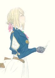 Rule 34 | 1girl, blonde hair, blue jacket, blush, braid, brooch, closed eyes, closed mouth, collar, commentary request, dress, from side, hair between eyes, hair bun, hair intakes, hair ribbon, highres, holding, holding paper, jacket, jewelry, juliet sleeves, long hair, long sleeves, no gloves, paper, prosthesis, prosthetic arm, puffy long sleeves, puffy sleeves, red neckwear, red ribbon, ribbon, sidelocks, simple background, single hair bun, smile, solo, standing, sunegeli, tears, upper body, violet evergarden, violet evergarden (series), white background, white dress