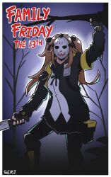 Rule 34 | 1girl, absurdres, artist name, cosplay, english text, fingerless gloves, friday the 13th, girls&#039; frontline, gloves, halloween costume, highres, hockey mask, holding, holding weapon, jason voorhees, jason voorhees (cosplay), long hair, looking at viewer, machete, mask, serjatronic, solo, ump9 (girls&#039; frontline), weapon
