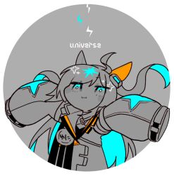 Rule 34 | 1girl, ahoge, animal ears, arms up, badge, blue eyes, blue hair, blue jacket, blush stickers, border, bright pupils, button badge, character name, round border, closed mouth, colored inner hair, commentary, ear covers, english text, grey background, grey jacket, hair ornament, horse ears, horse girl, jacket, jitome, lightning bolt symbol, limited palette, long hair, long sleeves, looking up, multicolored clothes, multicolored hair, multicolored jacket, neo universe (umamusume), orange jacket, pout, puffy long sleeves, puffy sleeves, round border, single ear cover, sleeves past fingers, sleeves past wrists, solo, sparkle, translated, two side up, umamusume, ume (pickled plum), upper body, v-shaped eyebrows, white border, white pupils