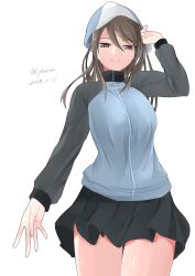 Rule 34 | 1girl, absurdres, blue hat, blue jacket, blue skirt, brown eyes, brown hair, closed mouth, commentary, dated, girls und panzer, half-closed eyes, hand in own hair, hat, highres, irukatto, jacket, keizoku military uniform, long hair, long sleeves, looking at viewer, mika (girls und panzer), military, military uniform, miniskirt, one-hour drawing challenge, pleated skirt, raglan sleeves, simple background, skirt, smile, solo, standing, track jacket, twitter username, uniform, upper body, white background