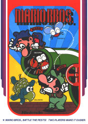 Rule 34 | 1980s (style), 2boys, ^ ^, black hair, brothers, character name, clenched teeth, closed eyes, company name, copyright name, crab, dated, english text, facial hair, fighterfly, gloves, grin, hat, luigi, male focus, mario, mario (series), mario bros., multiple boys, mustache, nintendo, official art, oldschool, open mouth, overalls, pavement, retro artstyle, scan, shellcreeper, siblings, sidestepper, smile, standing, teeth, turtle, warp pipe, white gloves