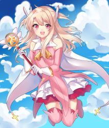 Rule 34 | 1girl, :d, absurdres, bare shoulders, blue sky, breasts, cloud, cloudy sky, detached sleeves, fate/kaleid liner prisma illya, fate (series), floating, full body, gloves, happy, highres, holding, holding wand, illyasviel von einzbern, layered skirt, light brown hair, long hair, long sleeves, looking at viewer, magical ruby, open mouth, pink footwear, pink shirt, pink sleeves, pink thighhighs, prisma illya, round teeth, shirt, skirt, sky, sleeveless, sleeveless shirt, small breasts, smile, solo, teeth, thighhighs, two side up, wand, white gloves, white skirt, yaya chan