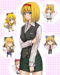 Rule 34 | 1girl, ^ ^, alice margatroid, ascot, bespectacled, blonde hair, blue eyes, blush stickers, bow, capelet, closed eyes, contemporary, cup, dress shirt, closed eyes, female focus, formal, glasses, green eyes, grin, hair bow, hairband, necktie, office lady, pencil skirt, shanghai doll, shirt, short hair, skirt, smile, solo, suit, teacup, tori (minamopa), touhou, tray