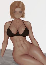 Rule 34 | 1girl, abs, absurdres, android 18, bad id, bad pixiv id, bed, bed sheet, black bra, blanket, blonde hair, blue eyes, bra, breasts, commentary, dragon ball, dragonball z, earrings, english commentary, highres, jewelry, large breasts, light smile, looking at viewer, navel, no panties, smile, solo, underwear, white background, zaki (zaki btw)
