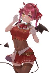 Rule 34 | 1girl, arms up, bare shoulders, bat wings, belt, black thighhighs, blush, breasts, claw pose, cleavage, cosplay, covered navel, demon horns, demon tail, fake horns, gloves, grin, hair between eyes, hair ornament, heterochromia, highres, hololive, horns, houshou marine, jewelry, large breasts, leotard, long hair, looking at viewer, oekakikei, parted bangs, red eyes, red hair, red scarf, red shirt, red skirt, scarf, see-through, see-through cleavage, shirt, simple background, skirt, sleeveless, smile, solo, standing, tail, teeth, thighhighs, twintails, virtual youtuber, white background, white gloves, wings, yellow eyes