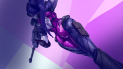 Rule 34 | 1girl, aiming, ass, back cutout, bad id, bad pixiv id, bodysuit, clothing cutout, colored skin, cowboy shot, dutch angle, from below, gloves, gun, head-mounted display, highres, holding, holding weapon, long hair, looking away, overwatch, overwatch 1, ponytail, purple background, purple hair, purple skin, rifle, sketch, sniper rifle, solo, visor, wallpaper, weapon, widowmaker (overwatch), zymv587