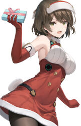 Rule 34 | 1girl, alice gear aegis, black pantyhose, box, breasts, brown hair, cowboy shot, dress, elbow gloves, gift, gift box, gloves, green eyes, headgear, highres, looking at viewer, medium breasts, medium hair, onaga akino, open mouth, pantyhose, pinakes, red dress, red gloves, solo, white background