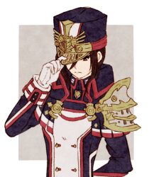 Rule 34 | 1girl, asozan (cocomil), black hair, black hat, black jacket, brown eyes, closed mouth, gloves, grey background, hand on headwear, hand up, hat, jacket, long sleeves, military hat, morag ladair (xenoblade), solo, two-tone background, upper body, white background, white gloves, xenoblade chronicles (series), xenoblade chronicles 2