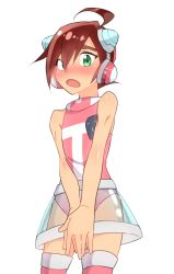 Rule 34 | 1boy, ahoge, bad id, bad pixiv id, blush, brown hair, calen (time bokan), calen (time bokan) (cosplay), cosplay, covering privates, covering crotch, cowboy shot, crossdressing, d:, embarrassed, green eyes, hair over one eye, headgear, leotard, male focus, nose blush, open mouth, pink thighhighs, see-through, shoutakonyarou, simple background, skirt, sleeveless, solo, thighhighs, time bokan (series), time bokan 24, tokio (time bokan), v arms, white background